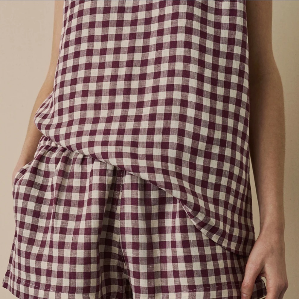 Mansur Gavriel- Burgundy and Ivory Checked Asymmetrical Sleeveless VNeck Shirt